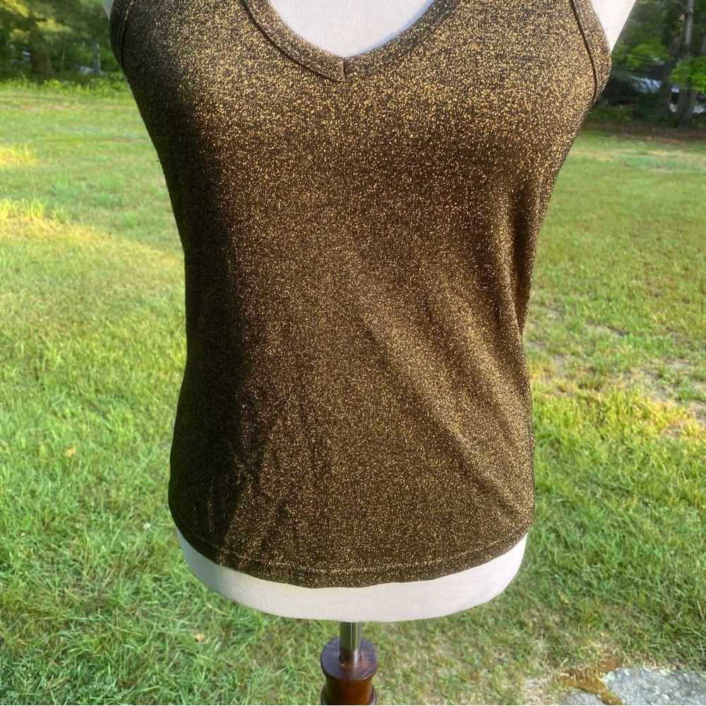 MODA INTERNATIONAL TOP TANK BLACK GOLD METALLIC STRETCH V-NECK RACERBACK SIZE S - Picture 3 of 8